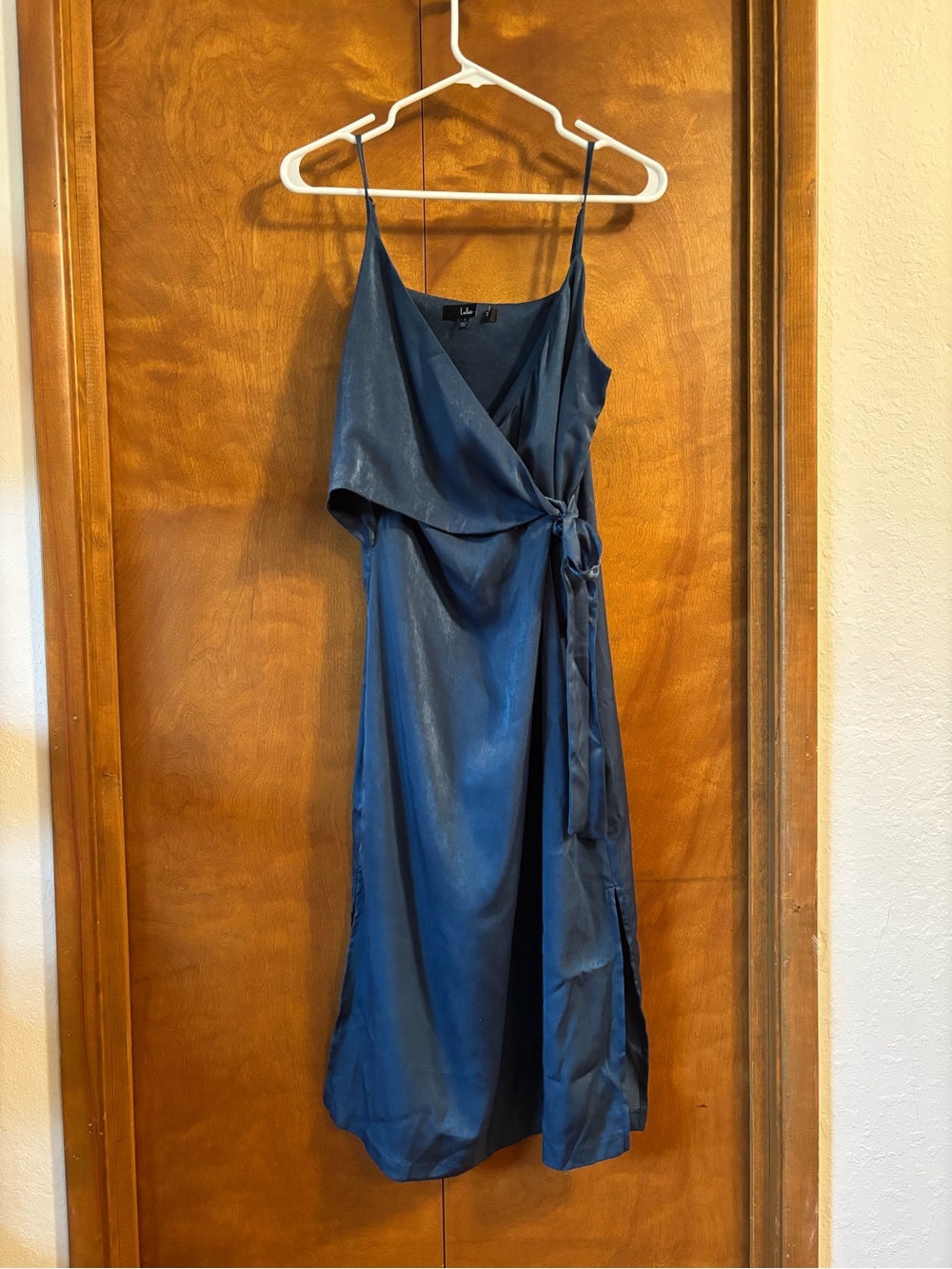 Lulu's Deep Navy Satin Wrap Midi Dress